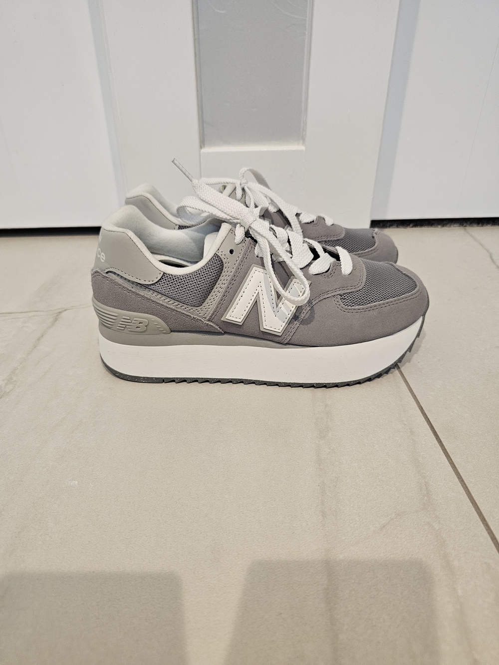New Balance Women's Grey & White 574+ Platform Sneakers, Size 8.5